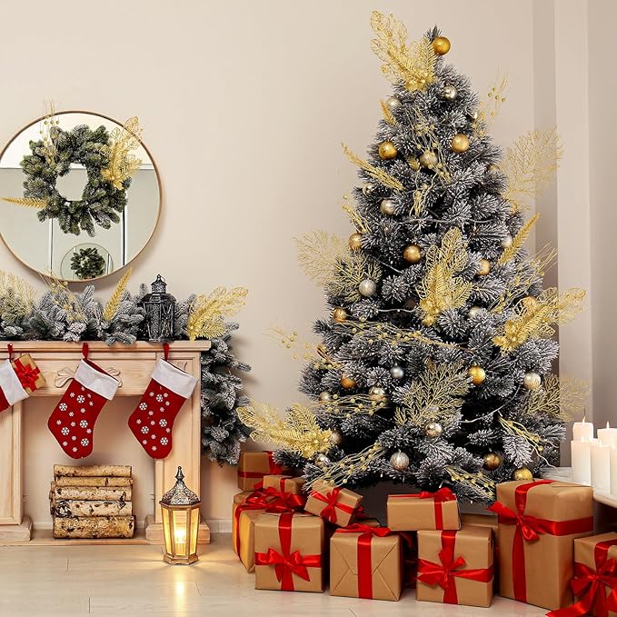 30 Pcs Artificial Christmas Tree Picks and Sprays Glitter Berry Stem Branches Holly Floral Picks Twigs Christmas Tree Ornaments for DIY Xmas Wreath Vase Filler Decorations(Gold)