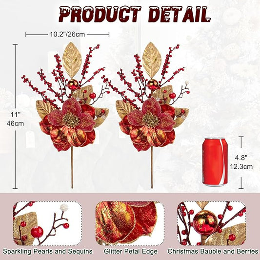 Briful 2PCS Christmas Glitter Magnolia Flowers Picks and Spray with Christmas Balls Ornament Red Berries Gold Leaves Branches for Xmas Tree Wreath Vase Floral Arrangement (Red Gold)