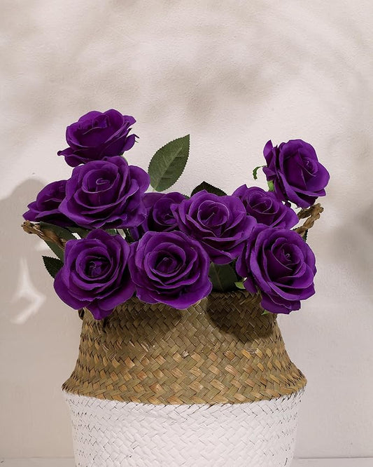 DuHouse 10pcs Fake Roses Artificial Silk Flowers Long Stems Bouquet for Arrangement Wedding Centerpiece Party Home Kitchen Decor(Dark Purple)