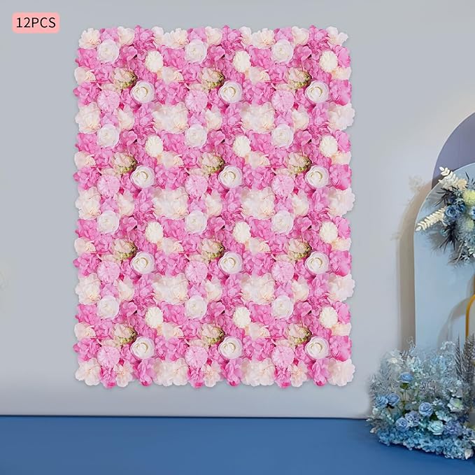 12 Pcs White Flower Wall Flowers Backdrop Artificial Flower for Backdrop Flowers Decoration 3D Floral Panels for Wall Decor Home Party Wedding Room Decoration (38x38cm/Deep Pink+White)