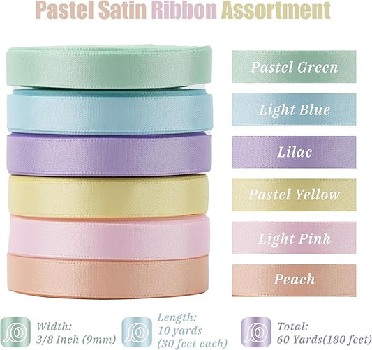 Pastel Ribbon for Crafts Pastel Rainbow Ribbon 3/8" Double Face Satin 6 Rolls Assortment Thin for Gift Wrapping,Wedding Party Decorations - 60Yards