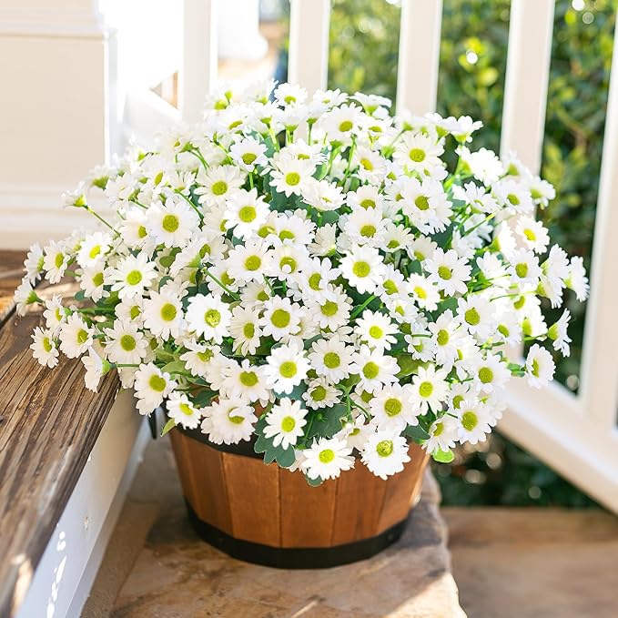 Daisy Artificial Flowers for Outdoors Winter Decoration, 6 Bundles Fake Mums White Silk Flowers for Outside Look Real UV Resistant Faux Flowers Plants for Planter Front Door Home Indoor Porch Urn