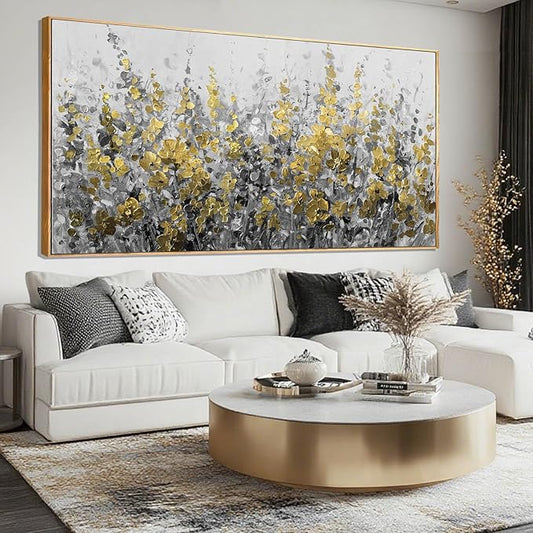 Framed Golden Floral Canvas Wall Art Large 29x58 Inch Grey and Gold Abstract Painting Textured Modern Flower Artwork for Above Couch Living Room Bedroom Home Decor