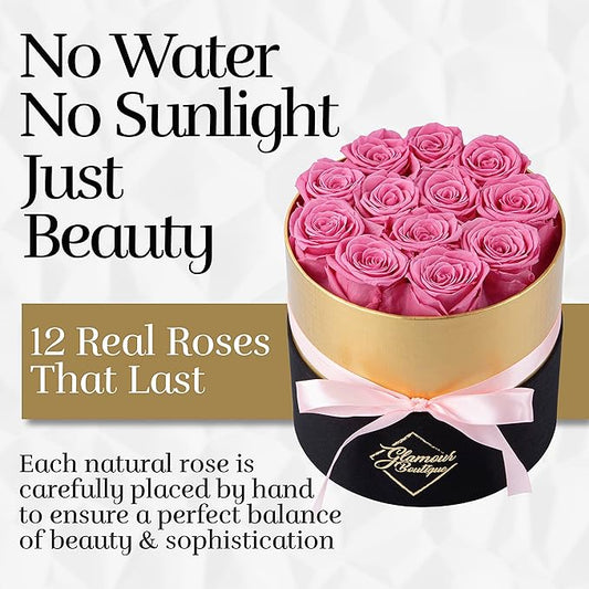 GLAMOUR BOUTIQUE Eternal Preserved Roses in a Box - Flowers Forever, Rose Forever in a Box for Wife, Birthday Gifts for Her, 12 Roses, Pink