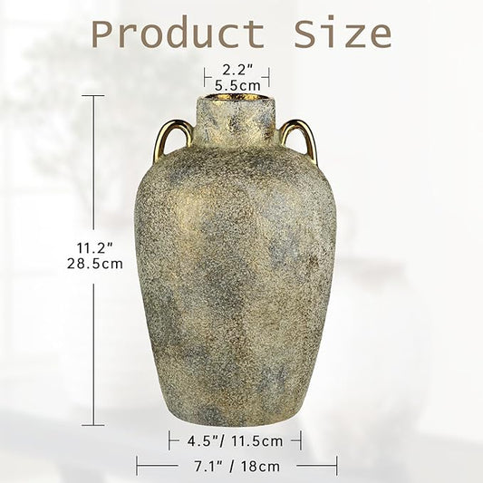 Large Ceramic Vase, 11.2" Tall Rustic Farmhouse Vase, Vintage Flower Vase with 2 Ears, Electroplated Terracotta Boho Vases for Home, Living Room, Shelf, Mantel, Entryway, Wedding, Tabletop Decor