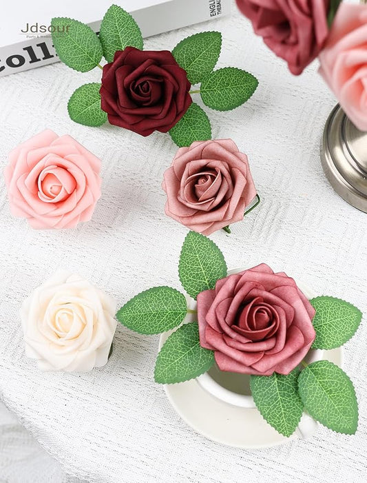 25pcs Artificial Flower,Real Looking Foam Roses w/Stem for DIY Wedding Bouquets Centerpieces Bridal Shower Party Decor-Shades of Burgundy