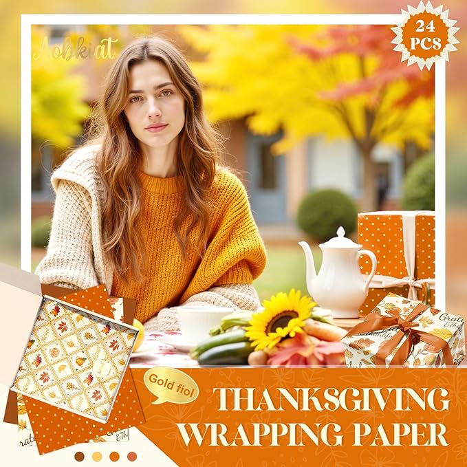 Aobkiat Fall Thanksgiving Tissue Paper for Gift Bags,24 Sheets Pumpkin Maple Leaf Design Paper,Orange Wrapping Craft Paper for DIY, Autumn Harvest Present Packaging,15 x 20 Inch