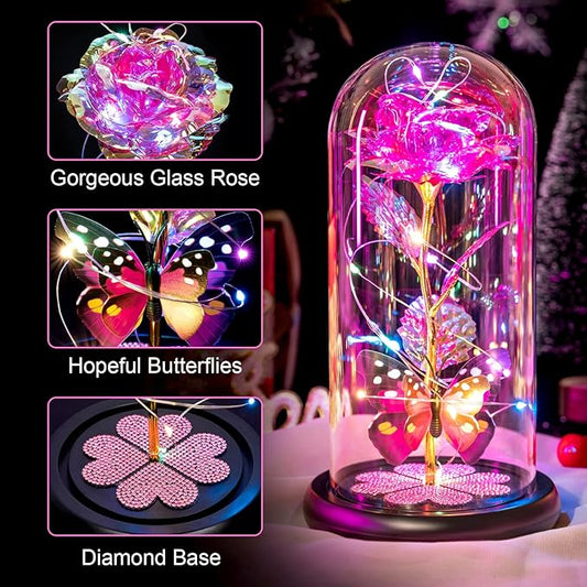 Pusuny Christmas Rose Gifts for Women Birthday Gift Galaxy Glass Rose Forever Eternal Crystal Flower Light Up Roses in Glass Dome with Butterfly Xmas Gifts for Women Mom Grandma Wife Her Sister Pink