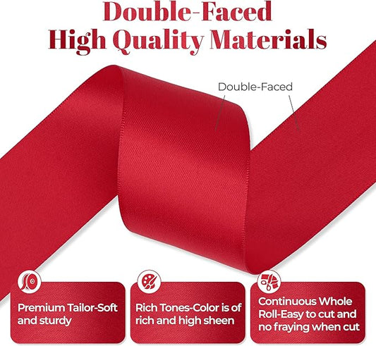 Red Satin Ribbon, Double Faced 2 Inch X 25 Yards Red Ribbon, Premium Satin Ribbon for Gift Wrapping, Crafts, Hair Bow Making, Sewing, Flower Bouquet, Wedding Party Decor