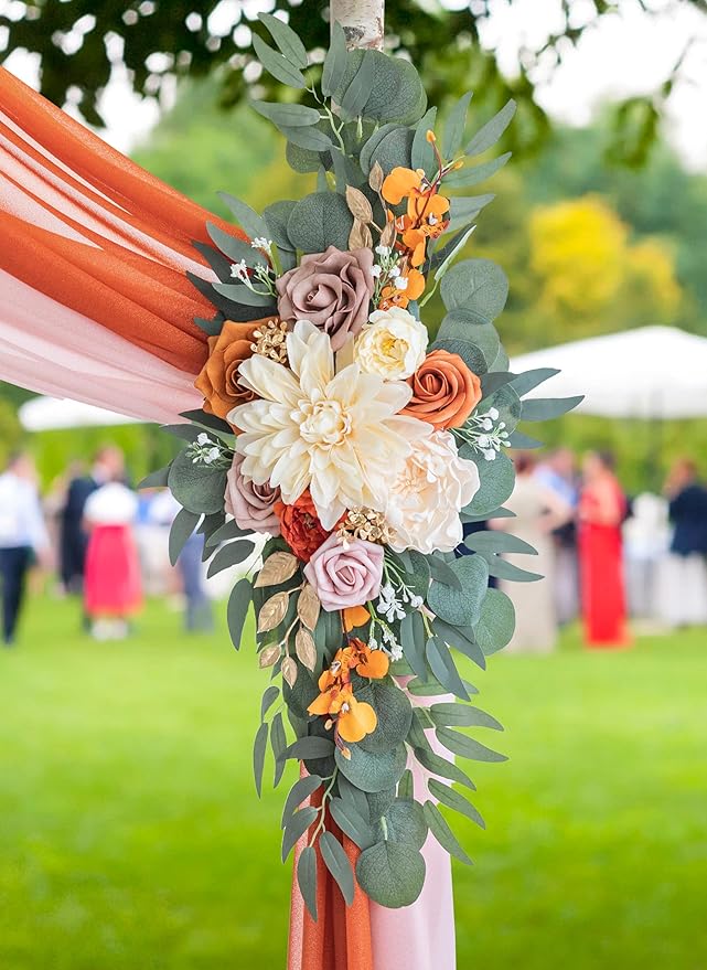 ponatia Artificial Burnt Orange Wedding Arch Flowers Kit with 2PCS Shiny Arch Chiffon Fabric, Dusty Rose Flowers for Wedding Welcome Signs Decorations and Arch Flowers for Wedding Ceremony Reception