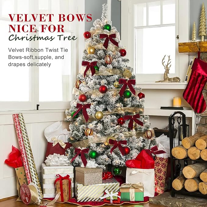 24 Pcs Burgundy Small Velvet Christmas Bows for Christmas Tree, Wreath, Gift Wrapping, Crafts, Wedding, Party, Twist Tie Bows for Treat Bag Bakery Candy Bags, Home Decor 1" W,3.5 x 3.5 inch