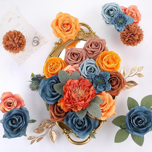 AmyHomie Teal Orange Artificial Flowers Combo Silk Mix Peony Rose Fake Flowers w/Stem for DIY Wedding Bouquets Centerpieces Arrangements Table Fall Decor Party Bridal Baby Shower Home Decorations