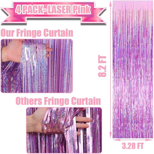 4 Pack Pink Tinsel Foil Fringe Curtain Backdrop, 3.28Ft x 8.2Ft Metallic Streamers for Photo Booth Props Wedding Bridal Shower Bachelorette Birthday Halloween Christmas Party Decoration