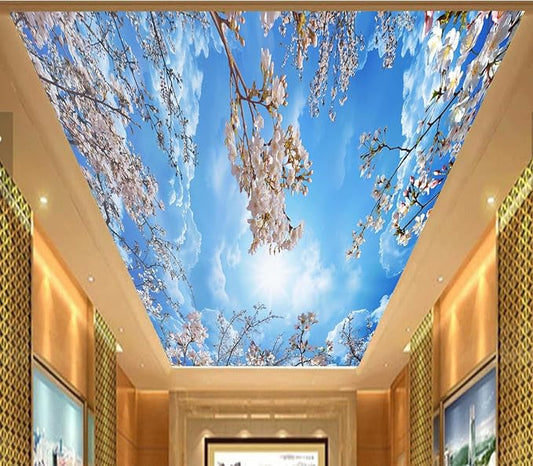 Eierme-Pink Cherry Blossoms and Blue Sky and White Clouds Ceiling Peel and Stick 160" x 114"