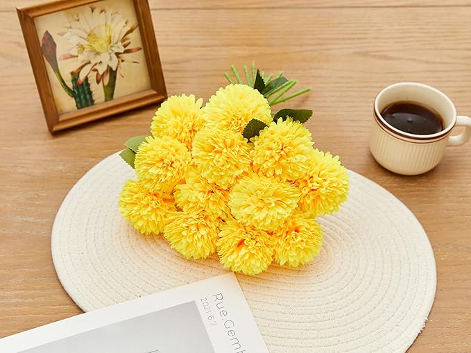 SITUMEIZI 12 Pcs Yellow Artificial Chrysanthemums Flowers Ball Flower Fake Mums Silk for Fall Thanksgiving Day Wedding Home Kitchen Decoration Floral Arrangement