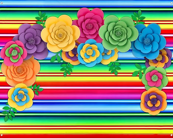 Frienda 36 Pcs DIY Paper Flower Decor Set with 83x59 Inch Custom Background Cloth and Rope, Artificial 3D Flower Wall Decor for Wall Bulletin Board Wedding Halloween Mexican Festive Party (Stripe)