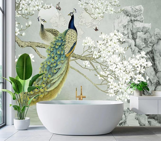 Eierme-Flower Pattern Peacock Illustration Wallpaper Mural Wallpaper Peel and Stick 90" x 67"