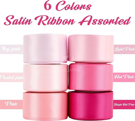 HUIHUANG Pink Satin Ribbon 1 inch Baby/Light/Hot Pink Double-Faced Satin Ribbons for Flower Bouquet, Gift Wrapping, DIY Crafts, Bridal Shower Wedding Decor- 6 Rolls, Total 30 Yards