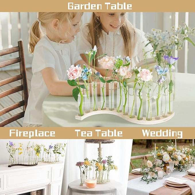Test Tube Vases for Flowers,Small Plant Propagation Station,S Shape Plant Terrarium with Wooden Stand(Light Wood)