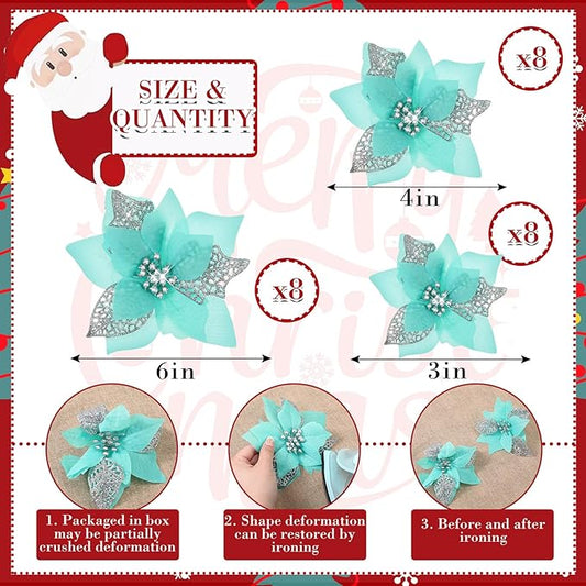 Boao 24 Pieces Christmas Artificial Glitter Poinsettia Flowers Xmas Flowers Wedding Christmas Tree New Year Ornaments(Blue Green)