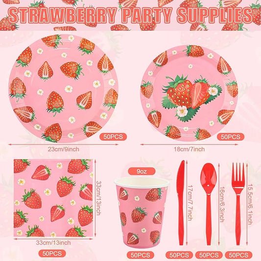 350 PCS Strawberry Party Decor Supplies, Disposable Pink Paper Plates Napkins Knives Forks Cups Dinnerware Set, Sweet Tableware Kit for Baby Shower Girl Birthday Party Christmas Decor, Serves 50