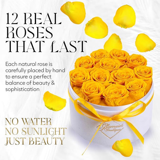 GLAMOUR BOUTIQUE Flower Forever Gift Box 12 Real Preserved Roses in Round Velvet White Box, Handmade, Rose Petals, Birthday, Marriage, Anniversary, Graduation - Yellow