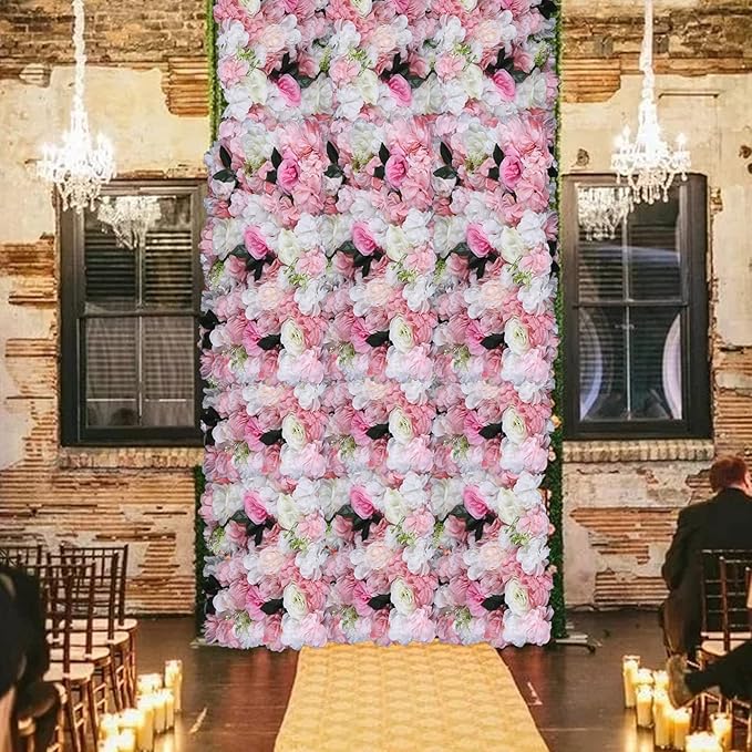 12Pcs 15.75" x 23.62x 0.79 Artificial Flower Wall Panels,Flower Wall Mat Silk Flower Panels for Outdoor Garden Backyard Fence Fence Privacy Screen and Indoor Wall Decor(12Pcs White+Pink)