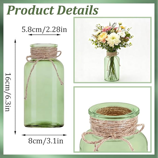 Vintage Glass Flower Vase,3Pack Farmhouse Green Glass Centerpiece Vases Mason Jars for Weddings, Parties & Home Decor Bulk (3, Green)