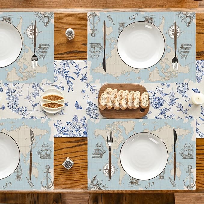 Vintage World Map Placemats Set of 4, Placemats for Dining Table,Heat Resistant Stain Resistant Wipeable Table Mats for Kitchen Dining Holiday Party Home Decor,12x18 Inch