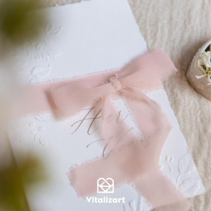 Vitalizart Blush Pink Chiffon Silk Ribbon 1" x 21 Yd Fringe Fabric Package (3 Rolls * 7 Yd) for Wedding Invitations Bridal Bouquets Decorations Gifts Wrapping & Bow Making Light Pink
