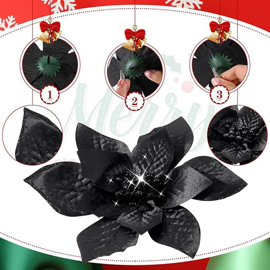 WILLBOND 24 Pcs 3 Size Poinsettia Flower Artificial Christmas Decor Glitter Poinsettia Christmas Ornaments Faux Flowers for Xmas Tree Outdoor(4/6/7.9 Inches,Black)
