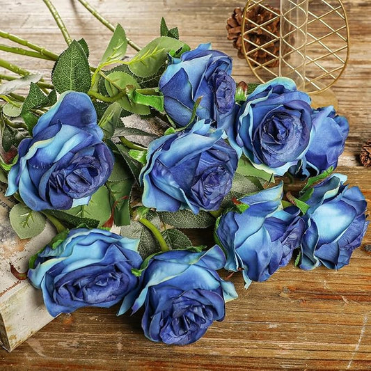 Kisflower 12Pcs Gradient Blue Roses Artificial Flowers, Realistic Single Stem Flowers Silk Rose Bouquet for Wedding Party Office Home Decor (Gradient Blue)