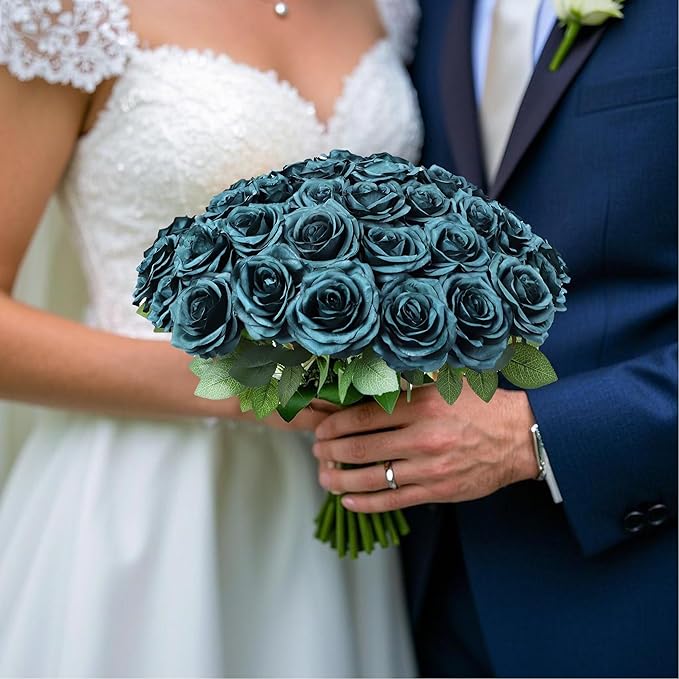 30pcs Artificial Rose Flower Dark Green Rose Emerald Green Flower with Long Stem Silk Roses Bouquet for Wedding Bridal Shower Party Home Decoration