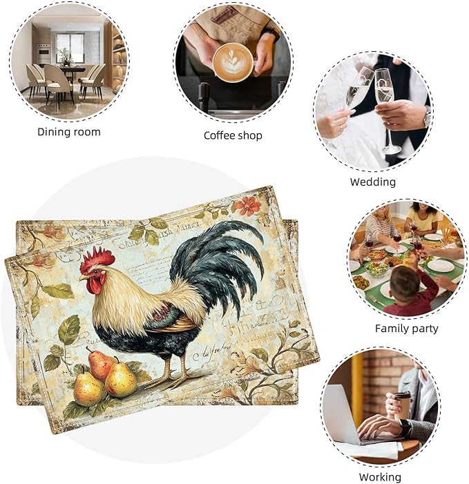Farmhouse Rooster Placemats Set of 6, Rustic Chicken Place Mats, Pear Dining Table Mats, Washable Placemats for Kitchen Dining Room Home Decor 18L'' × 12W''