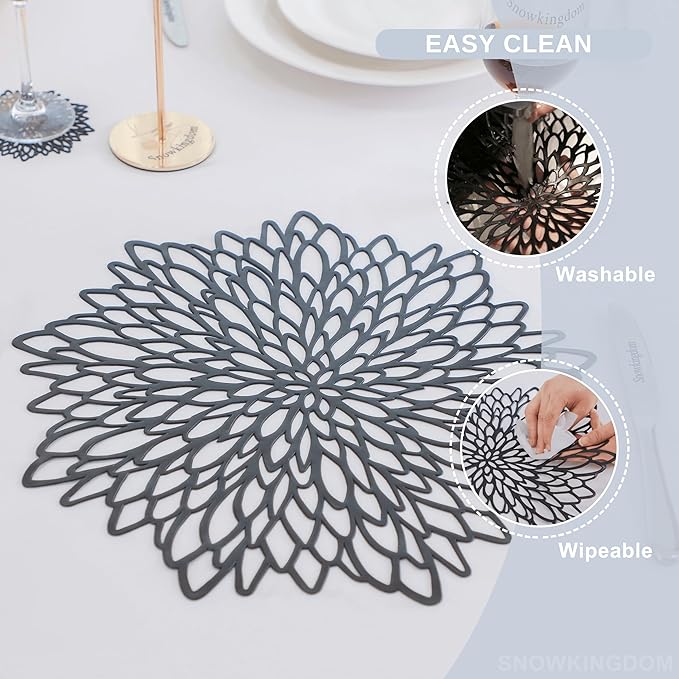 Snowkingdom Pack of 12 Black Placemats Washable Pressed Vinyl Laser Cut Dining Table Mats Round Floral Charger Decoration for Christmas Halloween Thanksgiving Wedding