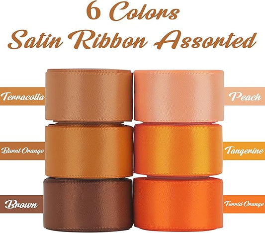 HUIHUANG Terracotta Ribbon 1 inch Orange Double-Faced Satin Ribbon Pack 6 Rolls, Silk Satin Ribbons for Fall Wedding Flower Bouquet Wrap Hair Bows Making Gift Wrapping and Crafts- Total 30 Yards