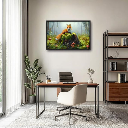 Forest Fox Large Wall Art Framed Rustic Wall Decor for Living Room Fox Mushroom Pictures Oversized Canvas Print Painting Modern Extra Large Framed Artwork for Bedroom Office 36"x24"