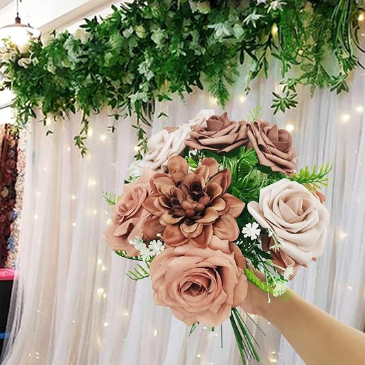 Artificial Fake Flowers 20pcs Roses, Mixed Coffee Brown Faux Flower for DIY Wedding Bouquet Bridal Shower Centerpieces Floral Arrangements Party Table Home Decorations