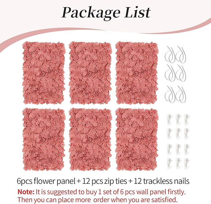 BLOSMON Artificial Flower Wall Panel - Set of 6 Dusty Pink Fake Silk Hydrangea Floral Backdrops (24 x 16 Inch) - Perfect for Wedding Party Baby Shower Decoration