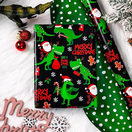 Yarcony Reversible Black Christmas Wrapping Paper for Kid, Funny Dinosaur and Santa Claus Pattern Christmas Gift Wrapping Paper for Kids Boys Men Holiday Gift Packaging (Mini Roll, 17 Inch X 33 Feet)