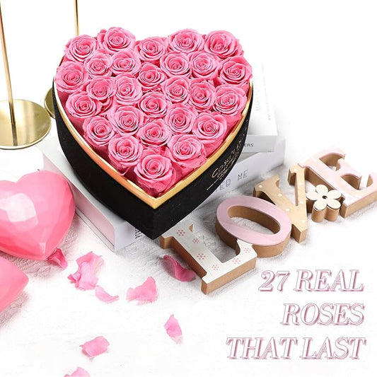Preserved Roses Flowers for Delivery 27 Pcs, Forever Flores in Heart Box with Necklace, Eternal Rose Anniversary Birthday Gift for Women Wife Girlfriend, Rosas for Valentines Christmas, Pink