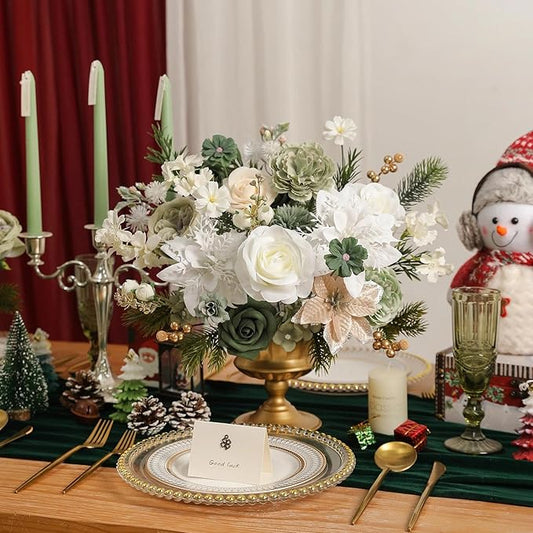 Christmas Artificial Flowers Set with White Poinsettia, Fake Roses and Greenery for DIY Christmas Decor - Wreath, Tree Ornaments, Wedding Bouquets, Centerpieces, Home Floral Arrangemen