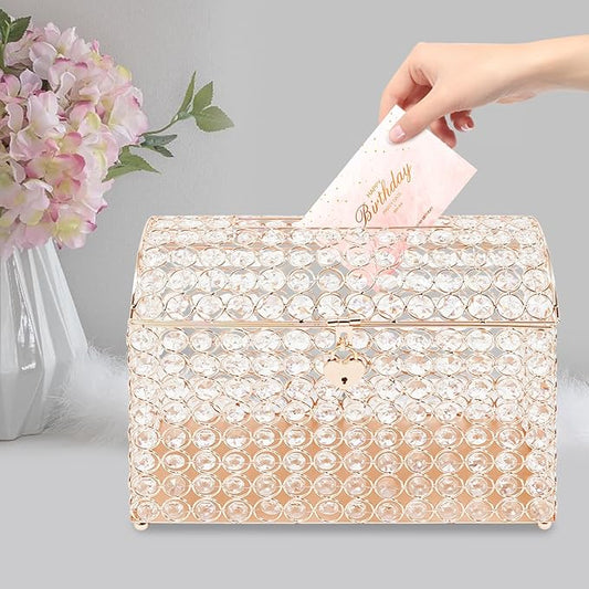 Crystal Wedding Card Box With Heart Lock, Gold Crystal Treasure Chest Money Card Gift Decorative Memory Box for Wedding Birthday Graduation Party