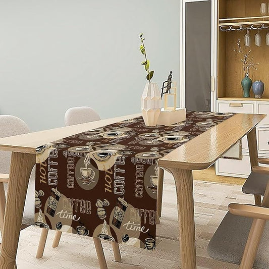 Coffee Theme Table Runner Vintage Coffee Beans Mug Cup Dinner Runner Table Decoration for Farmhouse Cabin Home Kitchen Dining Holiday Party 13x36in
