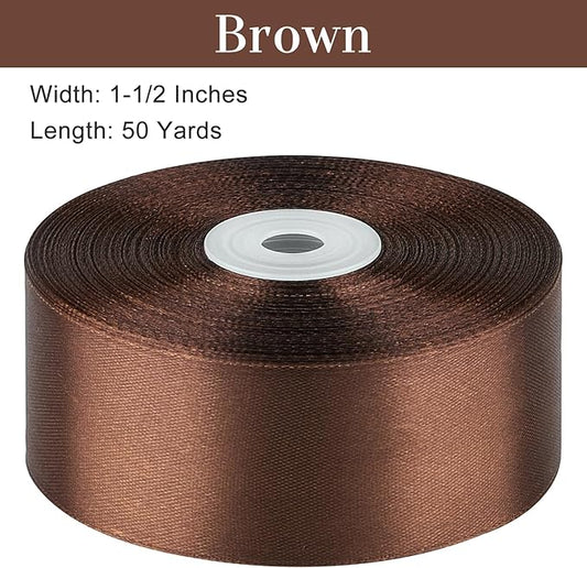 1-1/2 Inches 50 Yards Brown Satin Ribbon, Solid Fabric Ribbon Roll for Flower Bouquets, Gift Wrapping, Wedding, Handmade Crafts