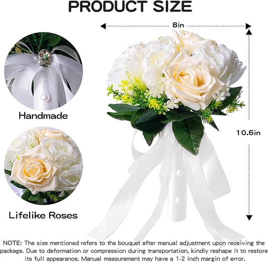 Wedding Bouquets for Bride - Realistic Silk Flowers Artificial Roses, 8 Inch Bridesmaid Bouquet for Ceremony, Church, Anniversary, and Home Decoration (White & Champagne)