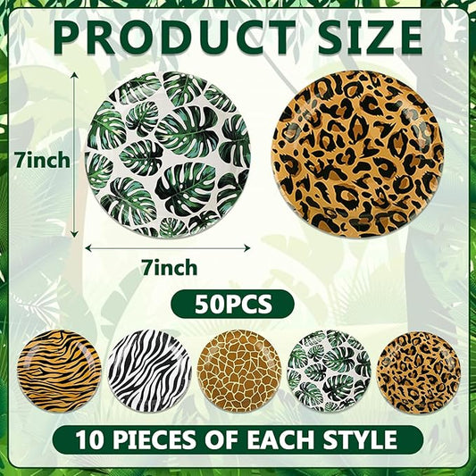 50 PCS Jungle Safari Party Tableware Supplies, Disposable Animal Print 7 Inch Paper Plates, Zebra Giraffe patterns Plates for Jungle Zoo Animal Themed Birthday Party Christmas Decor, Serves 50 Guests