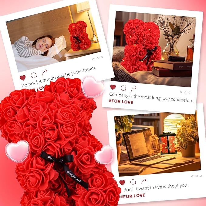 Otlonpe Cute Bear Rose Flower with Light | Women Gifts & Indoor Table Decorations for Christmas, Valentines, Mothers Day, Birthday, Anniversary | Handmade Gifts for Women Mom Wife Girlfriend (Red)