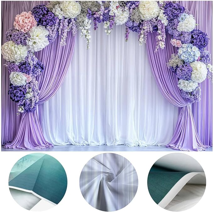 7 x 5 ft Flower Photo Backdrop Floral Purple Photography Background White Curtain Spring Wedding Baby Shower Girl Princess Birthday Party Supplies Photo Studio Props