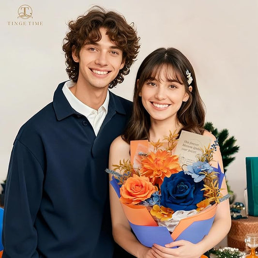TINGE TIME Preserved Flowers Bouquet, Orange & Navy Blue Roses Gift Bouquet, Aritifical Flowers Gifts for Women, Eternal Roses Bouquet for Wife Anniversary Christmas Anniversary Home Décor